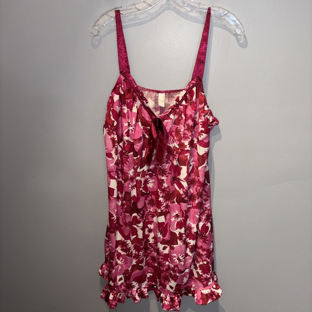 Women's Pink Floral Satin Babydoll Nightgown Lingerie Spaghetti‎ Strap Sz 18/20